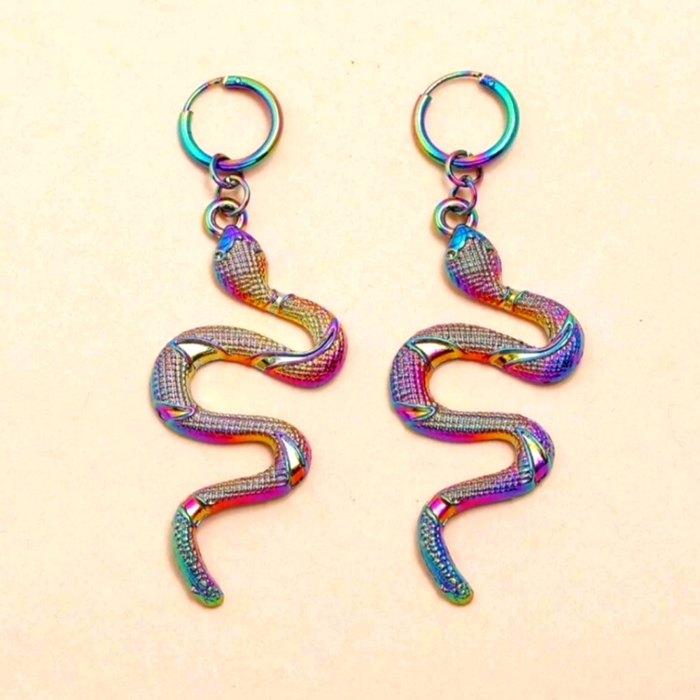 Snake Drop Earrings - Rainbow Holographic Multicolor
